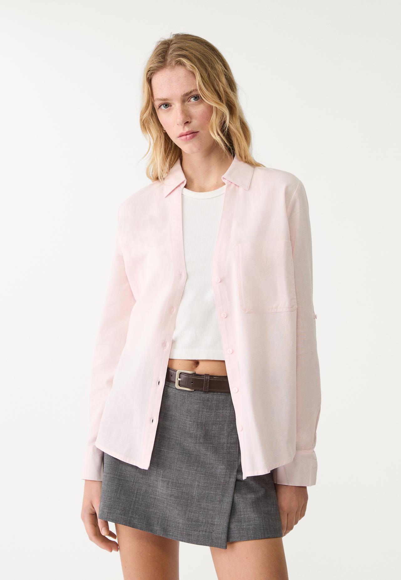 Linen blend shirt with pocket — Nude pink