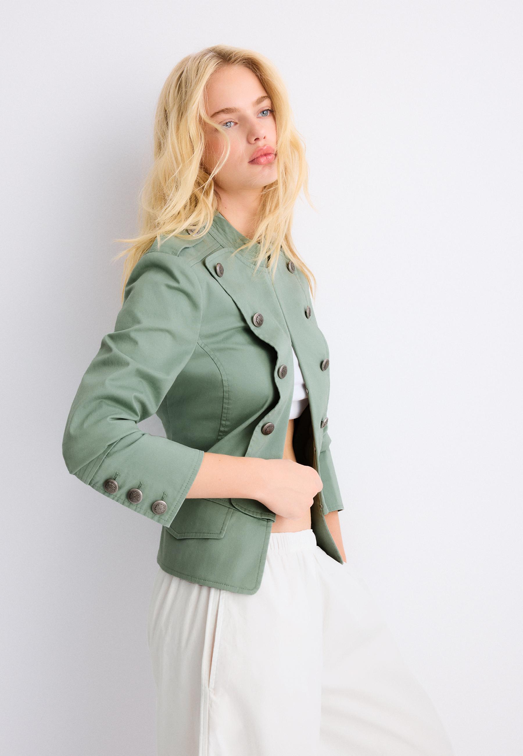 Stand collar buttoned blazer — Khaki