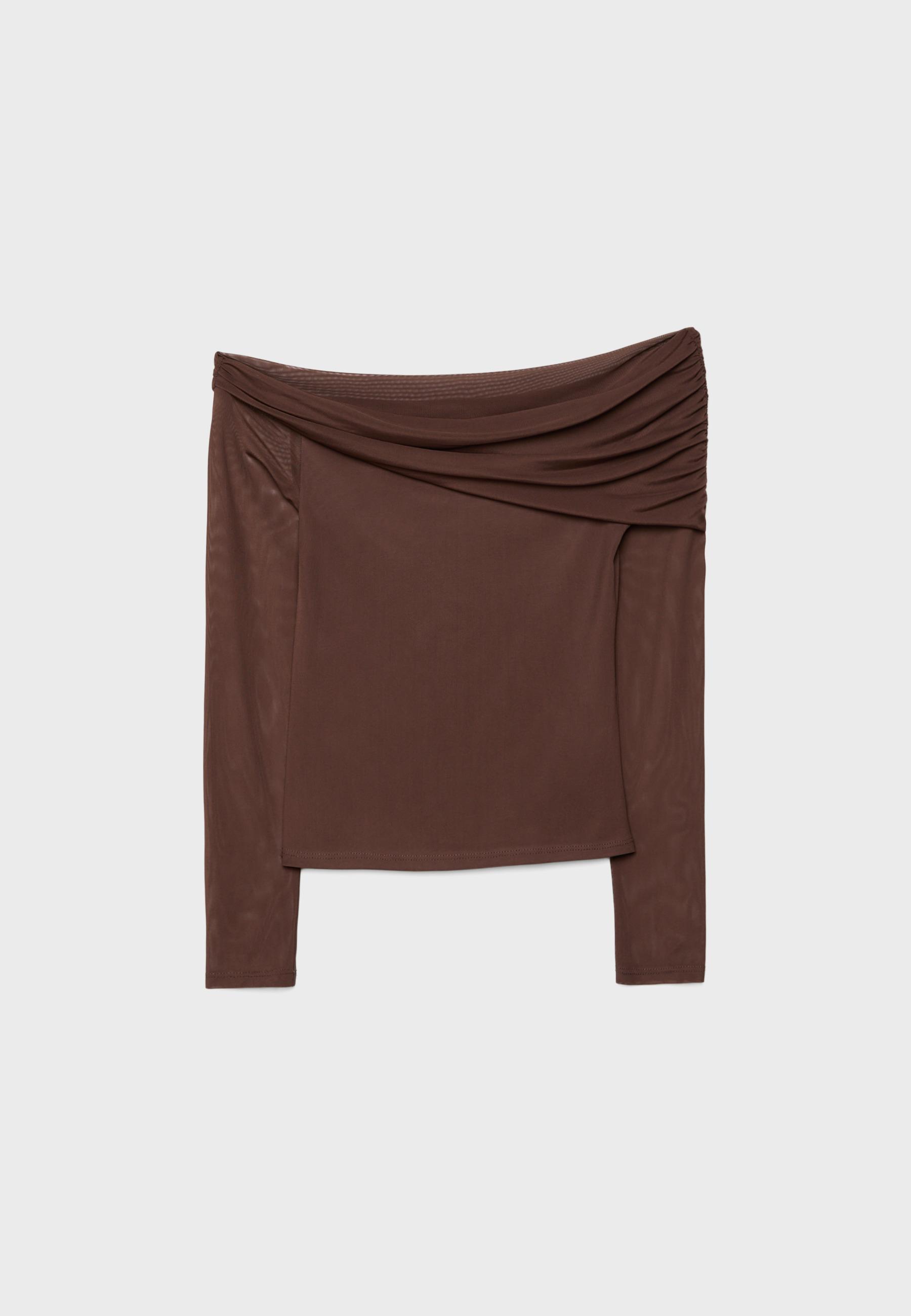 Asymmetric tulle T-shirt — Brown
