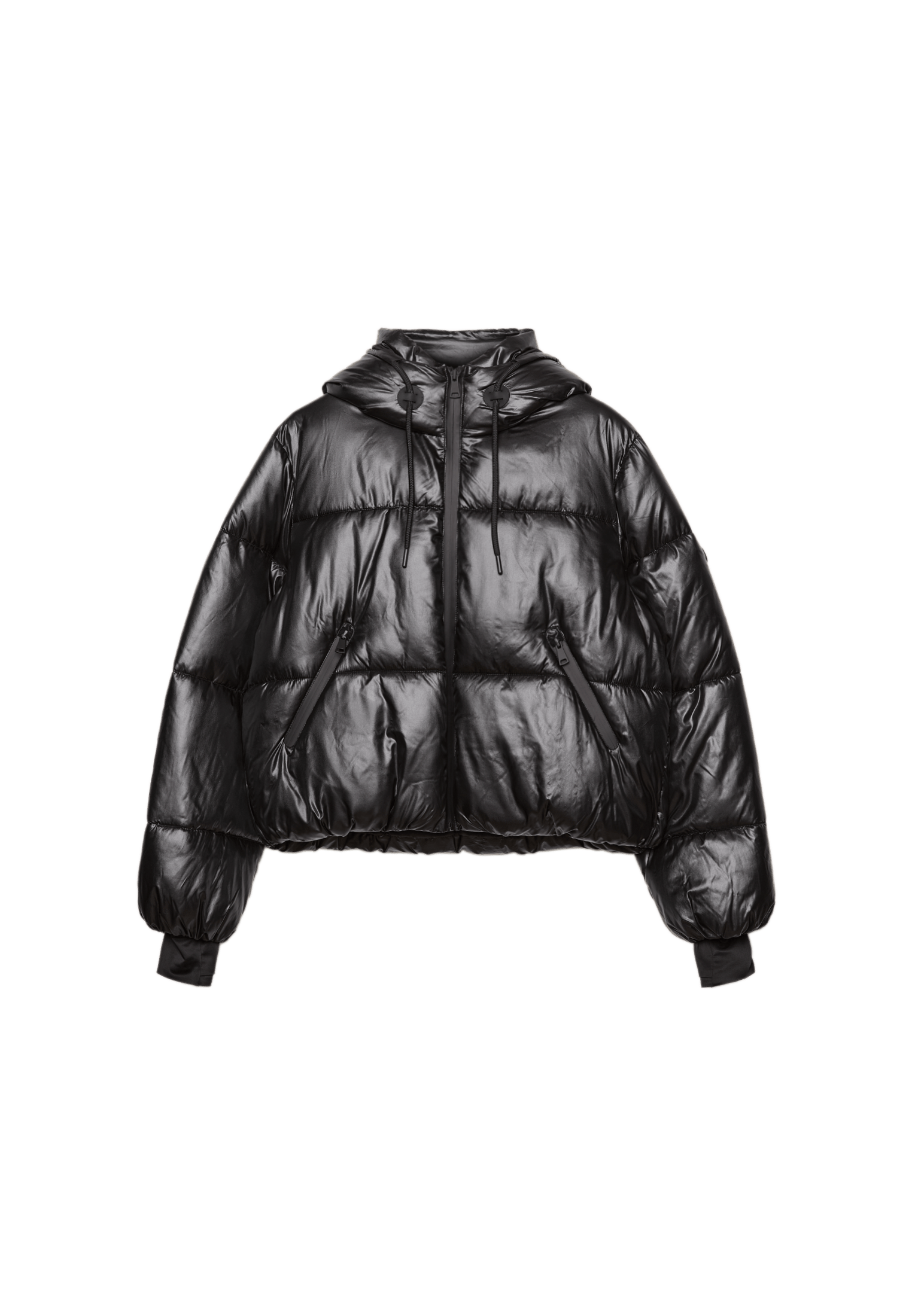 Metallic hooded puffer jacket — Black