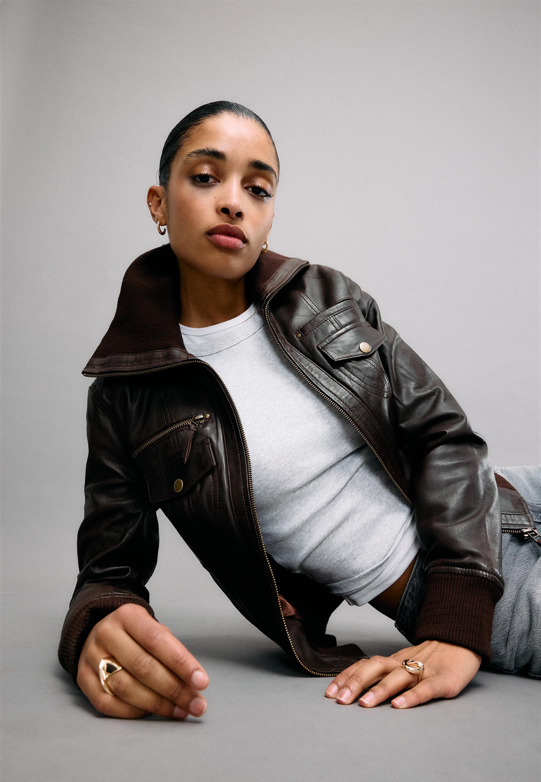 Ribbed Combined Leather Jacket — Brown