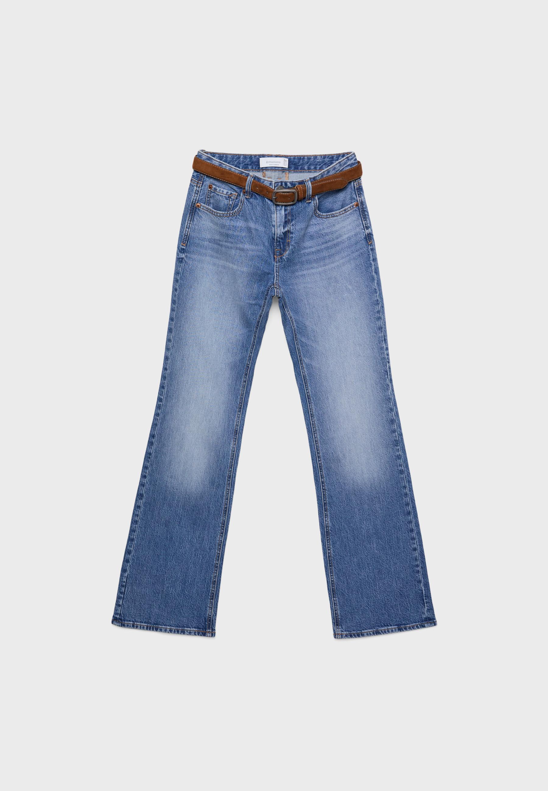 【U LAN】Boldy Eyelet Belted Bootcut Denim Pants Jack David Women's Rhinestone Mid Rise Bootcut Stretchy