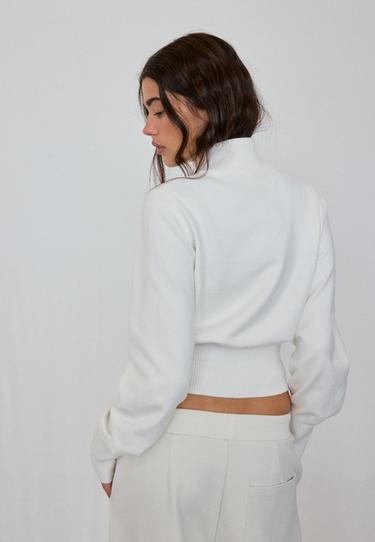 Fitted zip-up knit cardigan — Ecru 1