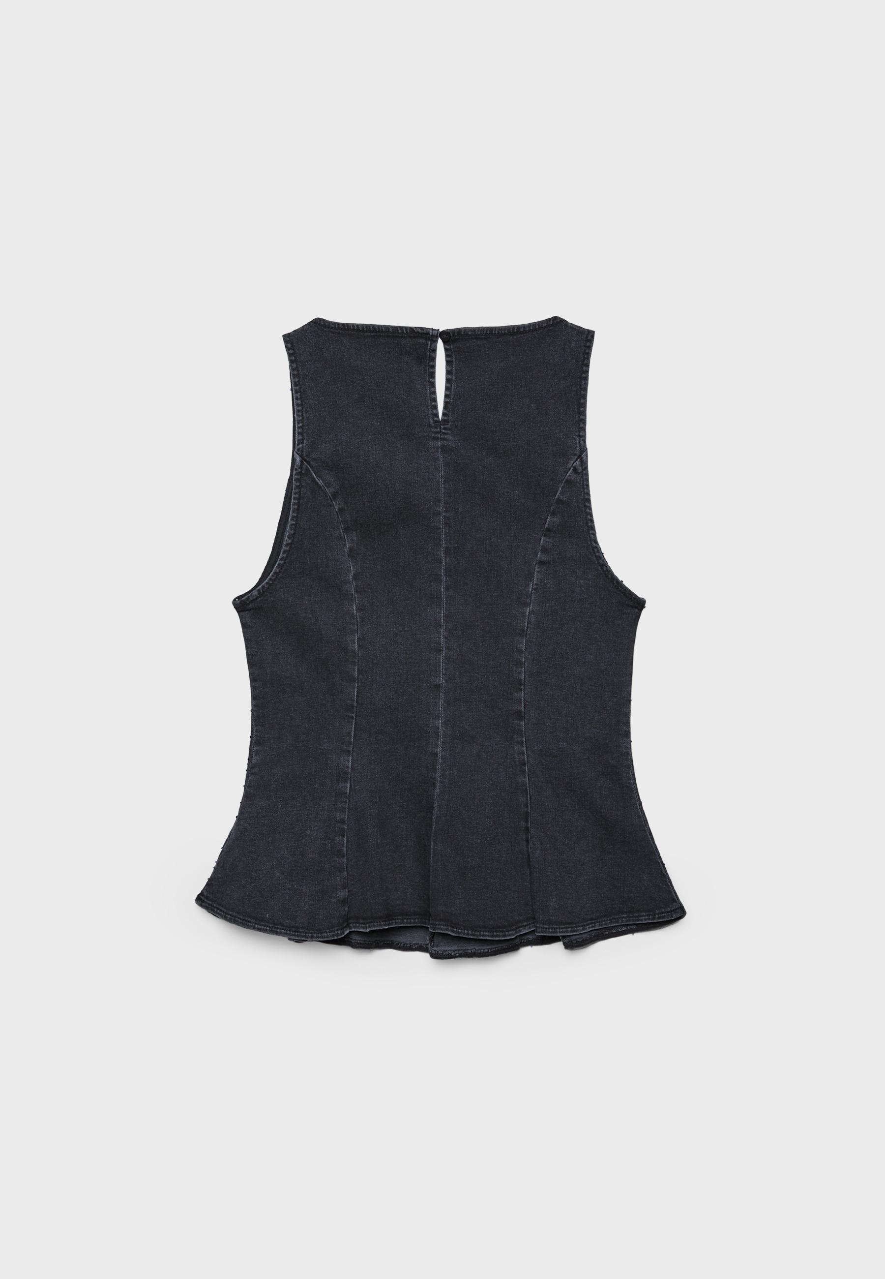 Denim peplum top with rhinestones — Black