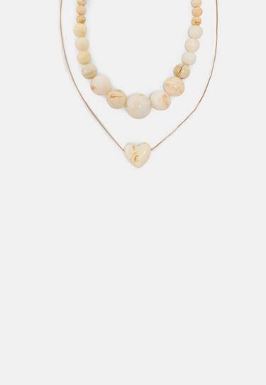 Set of 2 bead and heart necklaces — Ecru 1