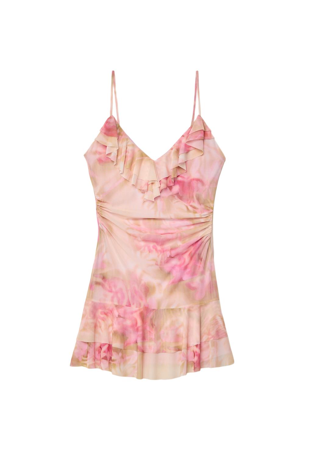 Vestido corto tul volantes estampado