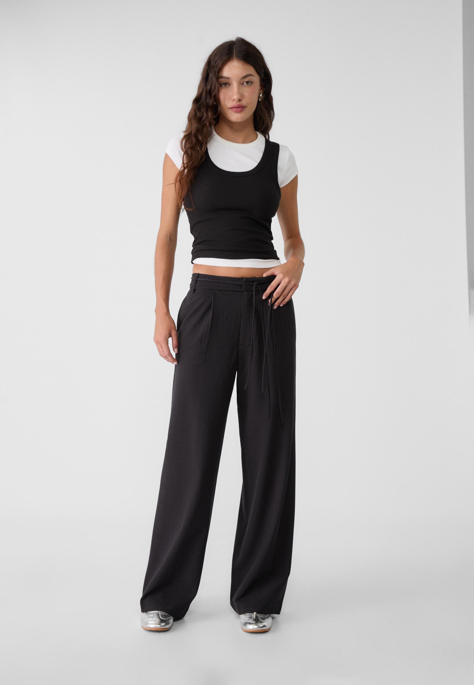 Super wide leg striped trousers with belts