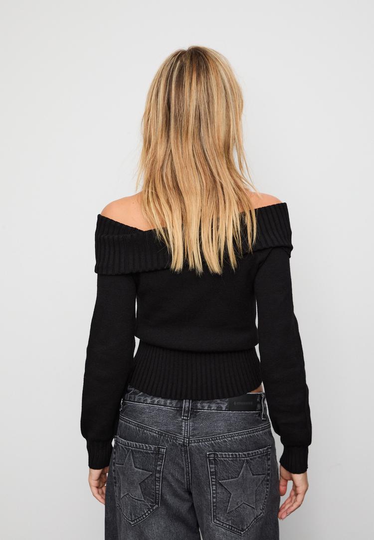 exposed shoulder knit sweater