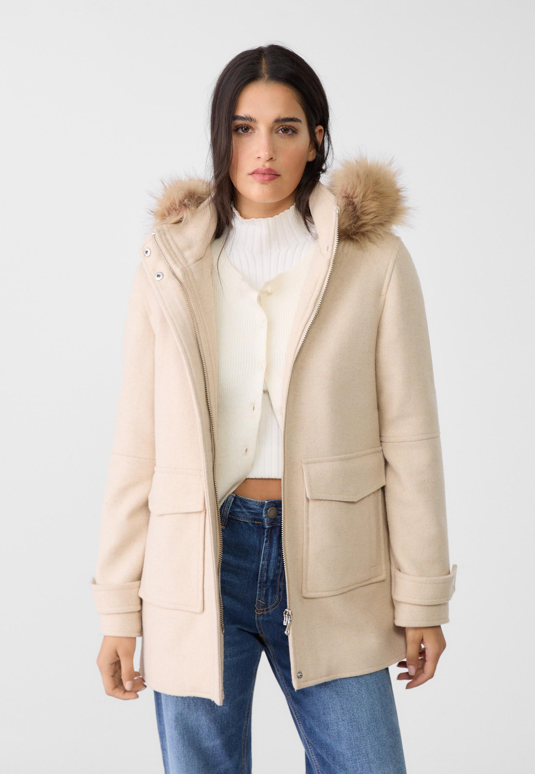 Cream coat with fur hood on sale