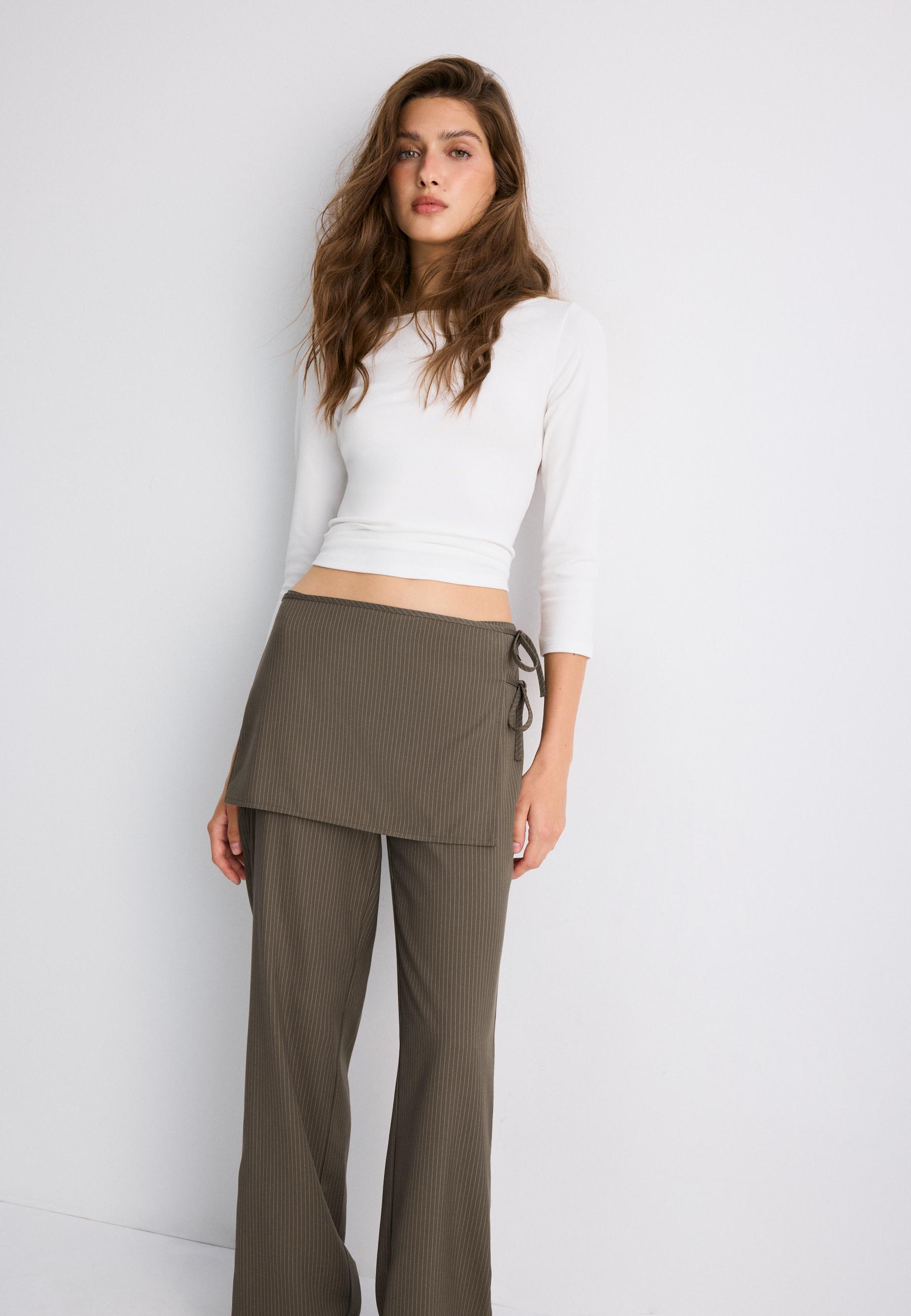 Striped straight-leg trousers with skirt overlay — Khaki