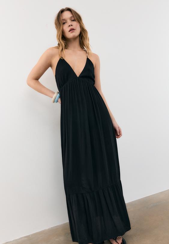 Stradivarius Long Crepe Dress With Beaded Straps Black M
