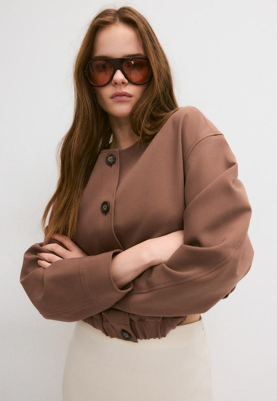 Stradivarius Puff Sleeve Round Neck Jacket Brown S
