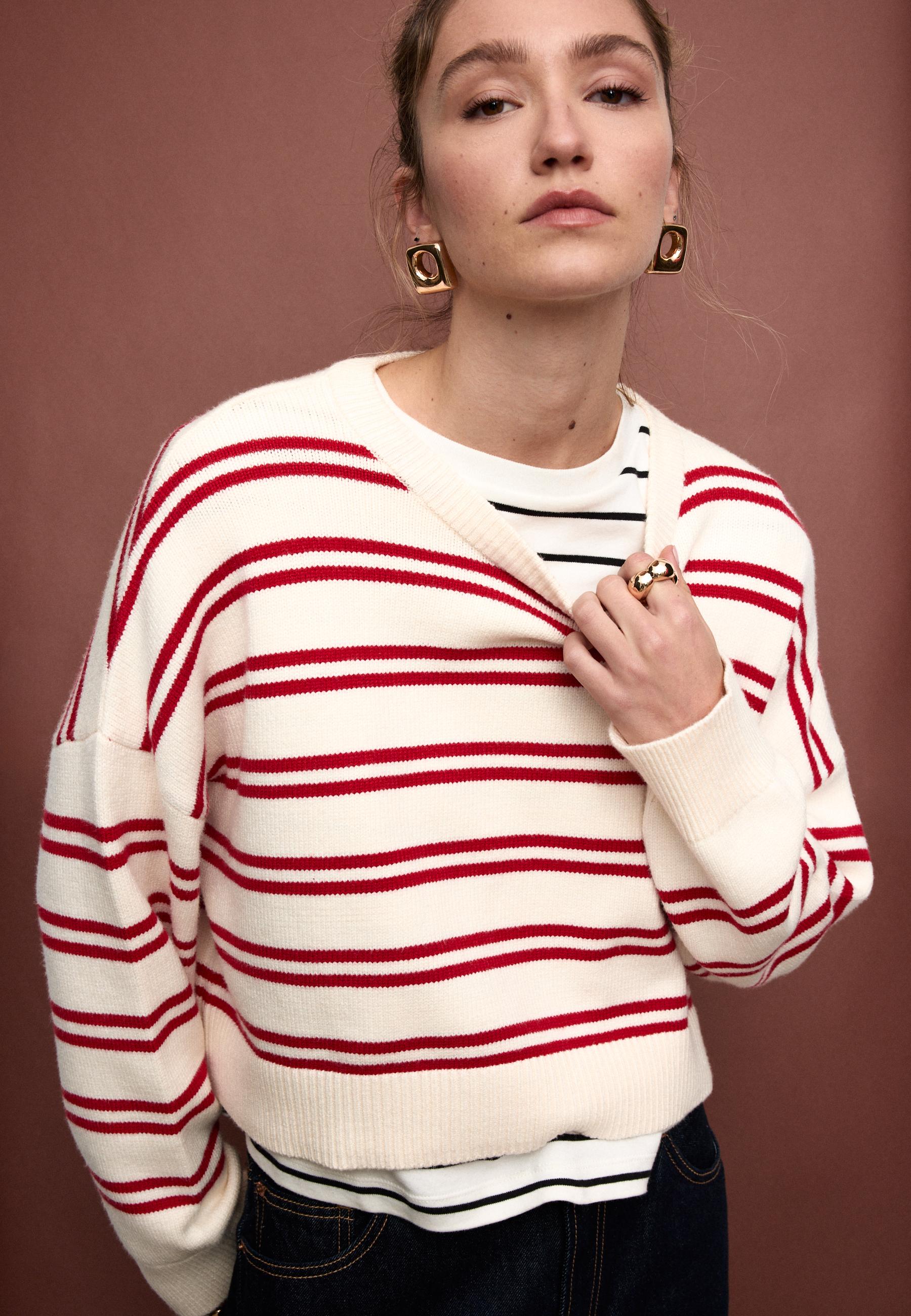 Cropped striped knit jumper — Red
