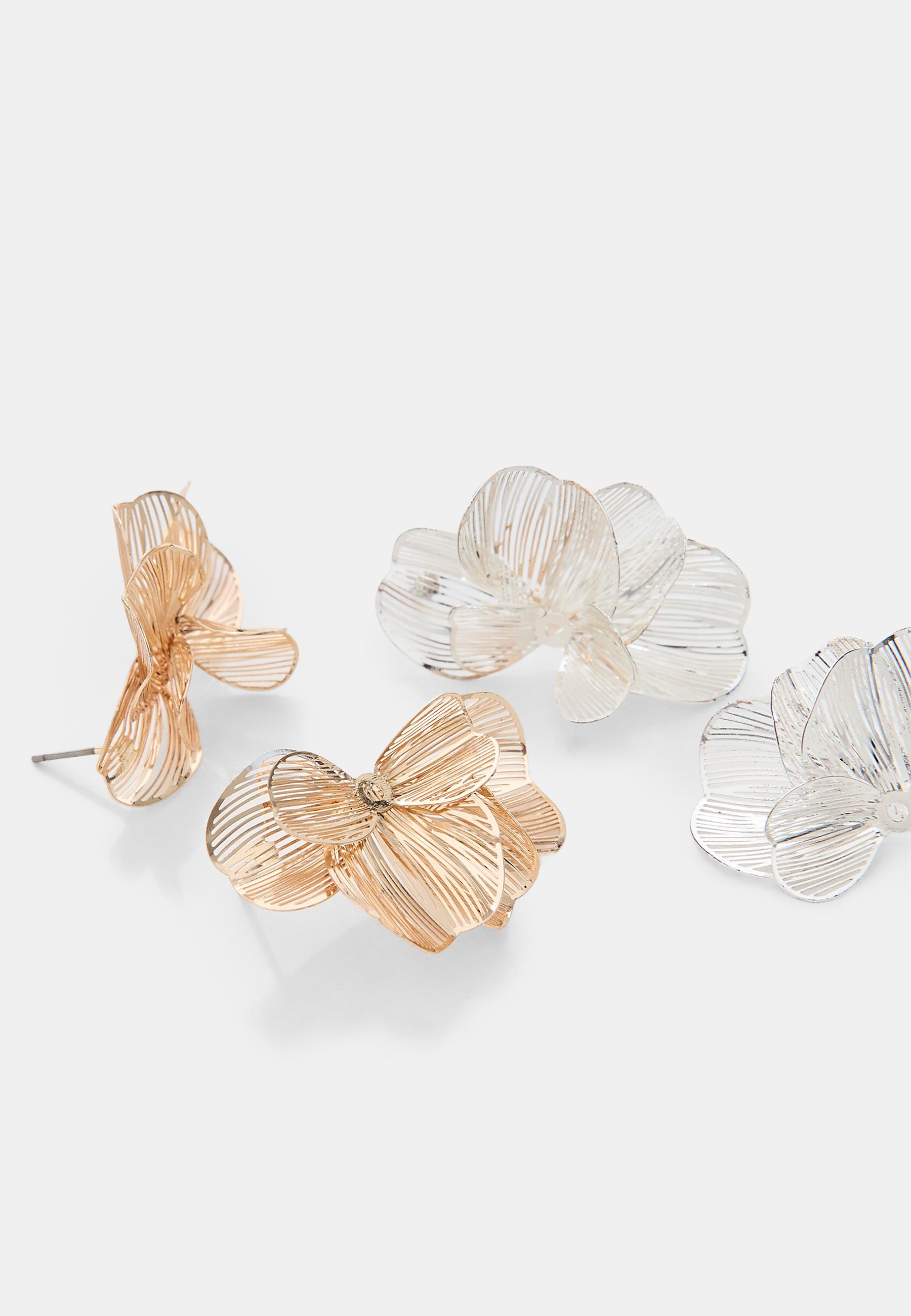 Set of 2 textured fan earrings — Gold