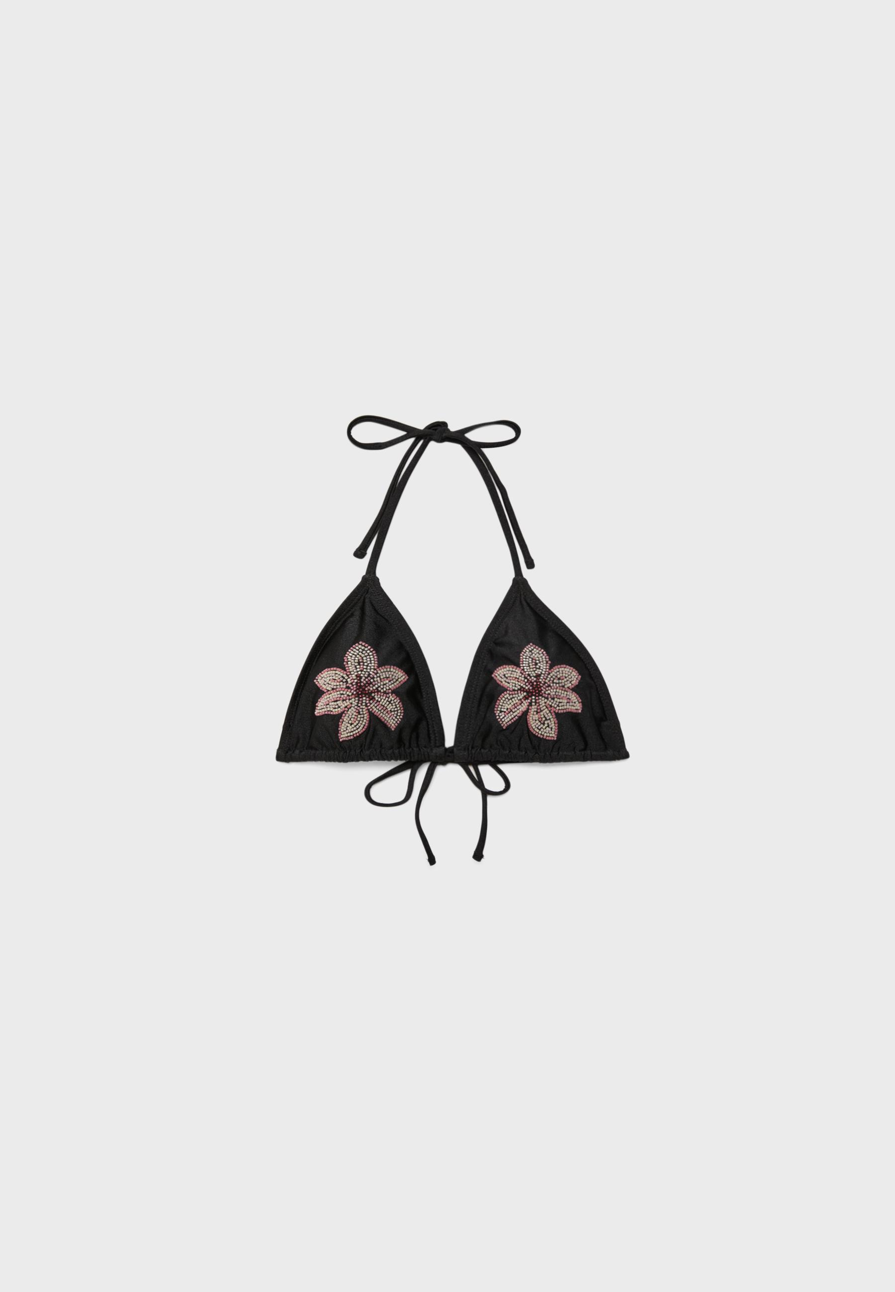 EMBROIDERED FLOWER TRIANGLE BIKINI TOP — Black