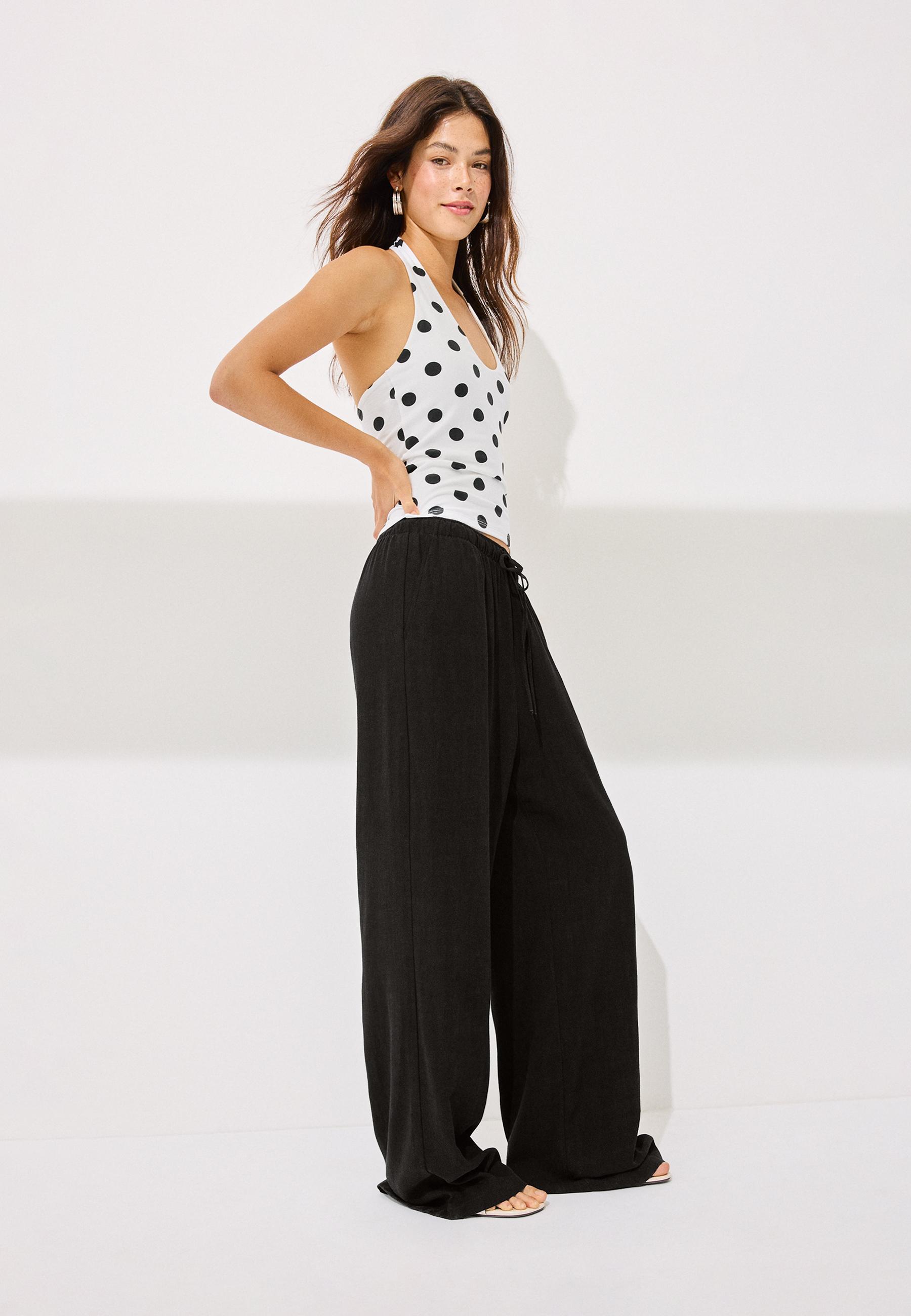 Straight-leg linen-look trousers — Black