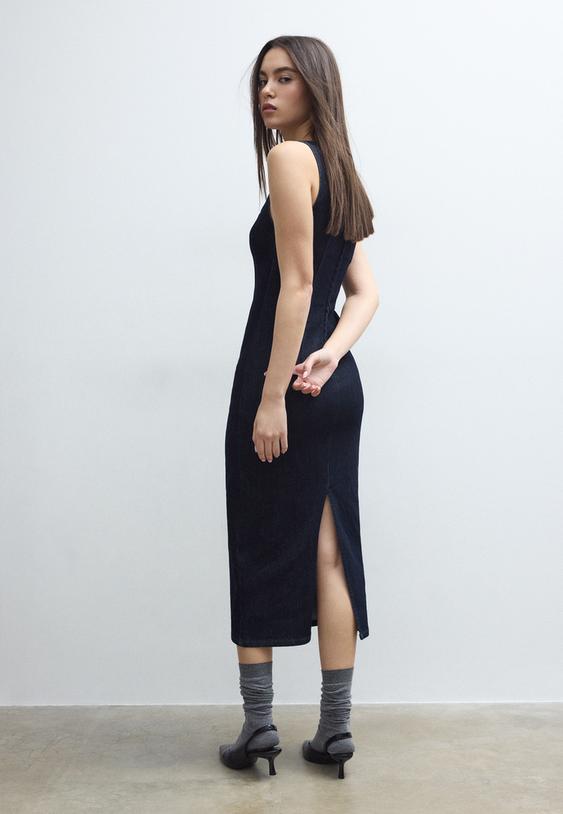 Stradivarius Denim Midi Dress Overdyed Blue Denim Xs