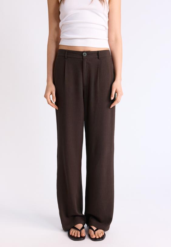 Stradivarius Pantalon Droit Effet Lin Marron 38