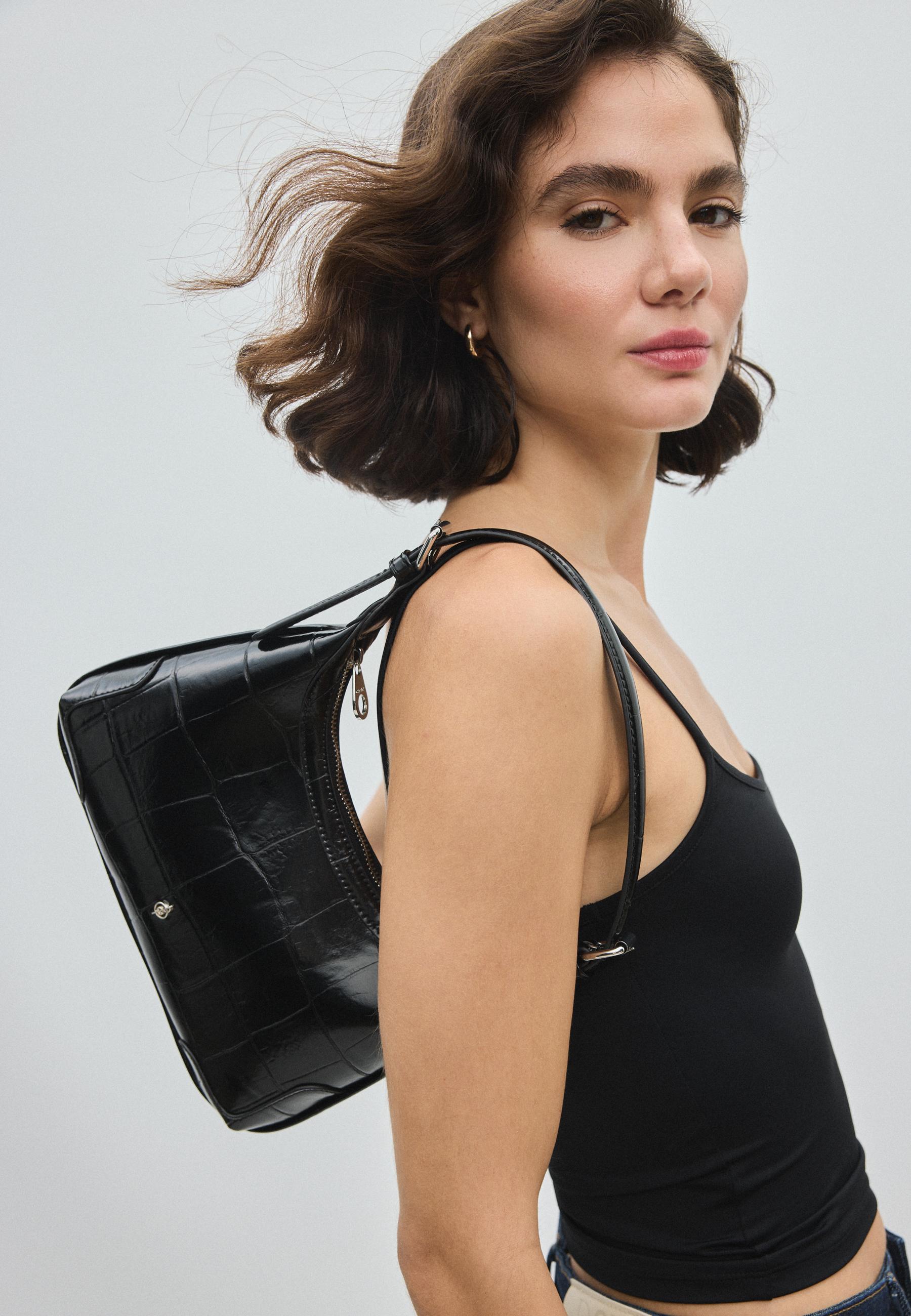 Mock croc mini chain shoulder bag — Black