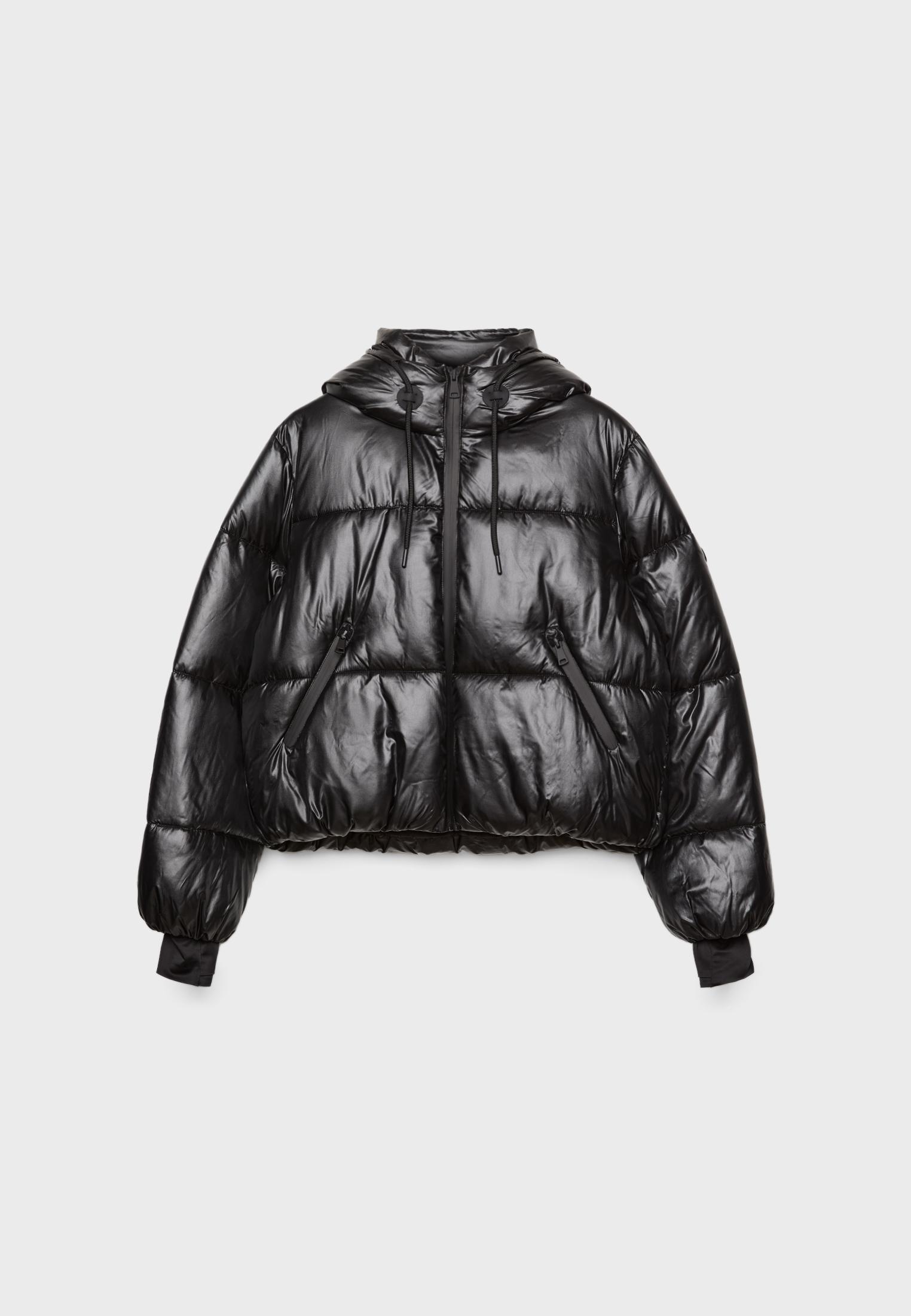 Metallic hooded puffer jacket — Black