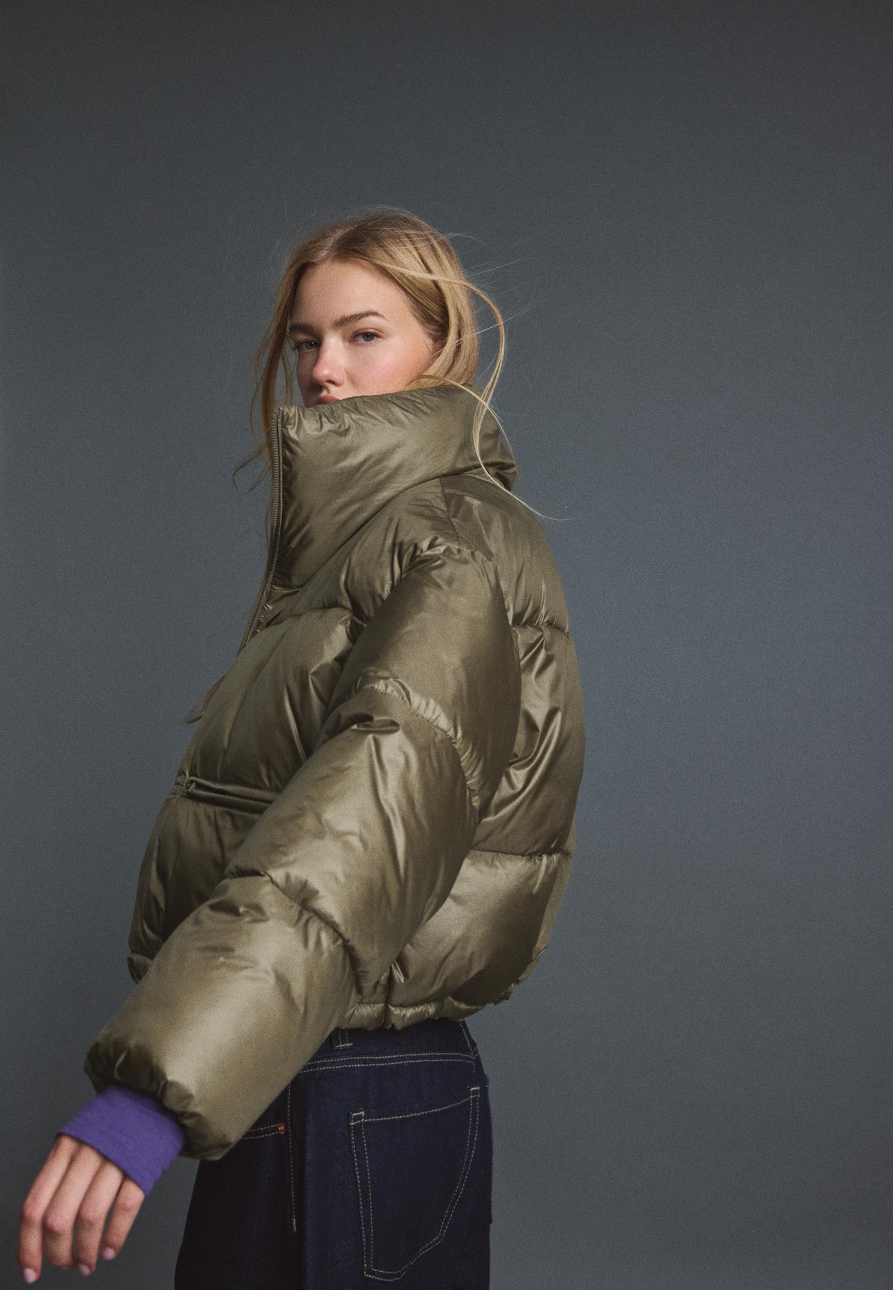 Shiny high neck cropped puffer jacket — Khaki
