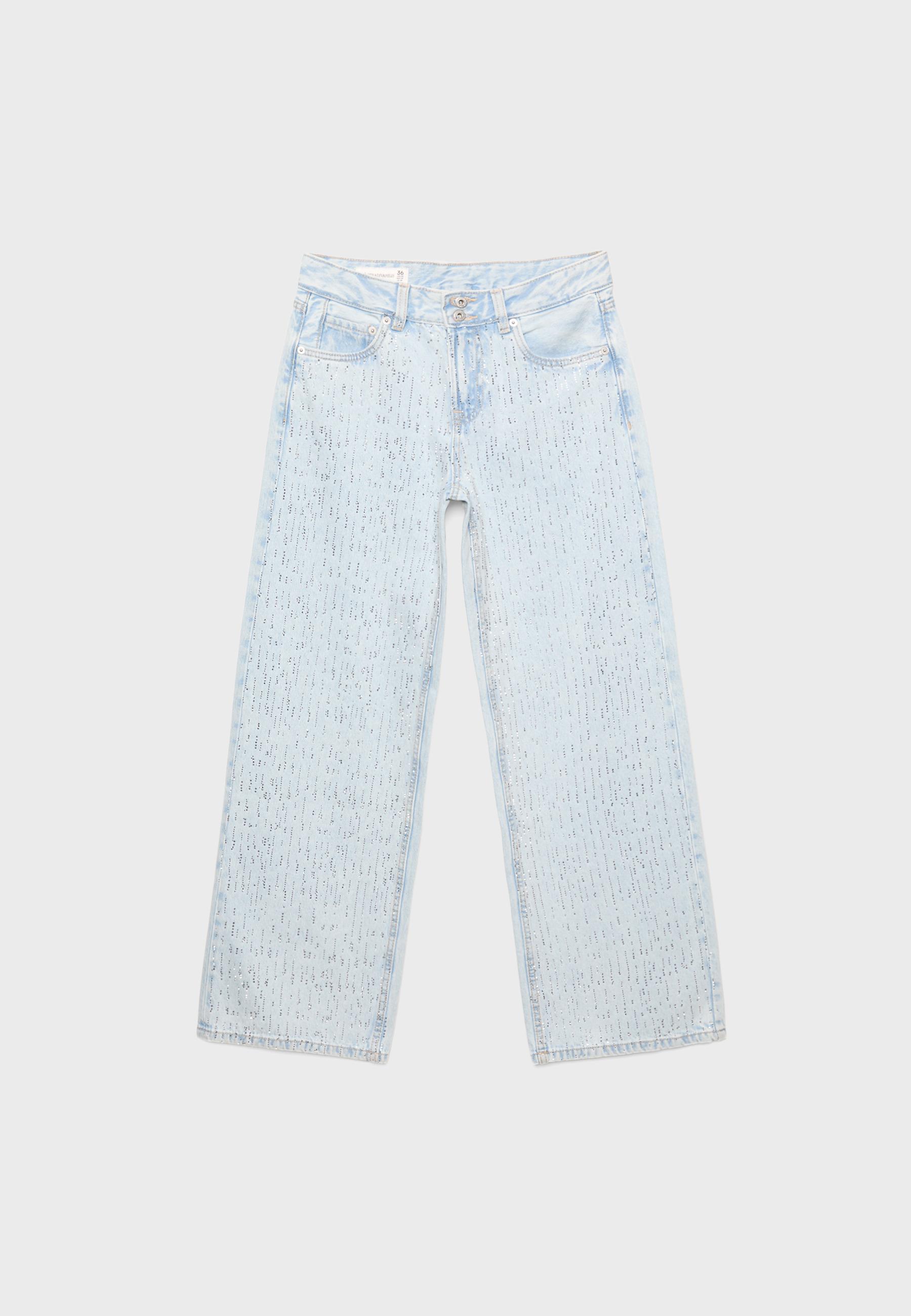 Low-waist wide-leg jeans with rhinestones — MEDIUM LIGHT BLUE DENIM