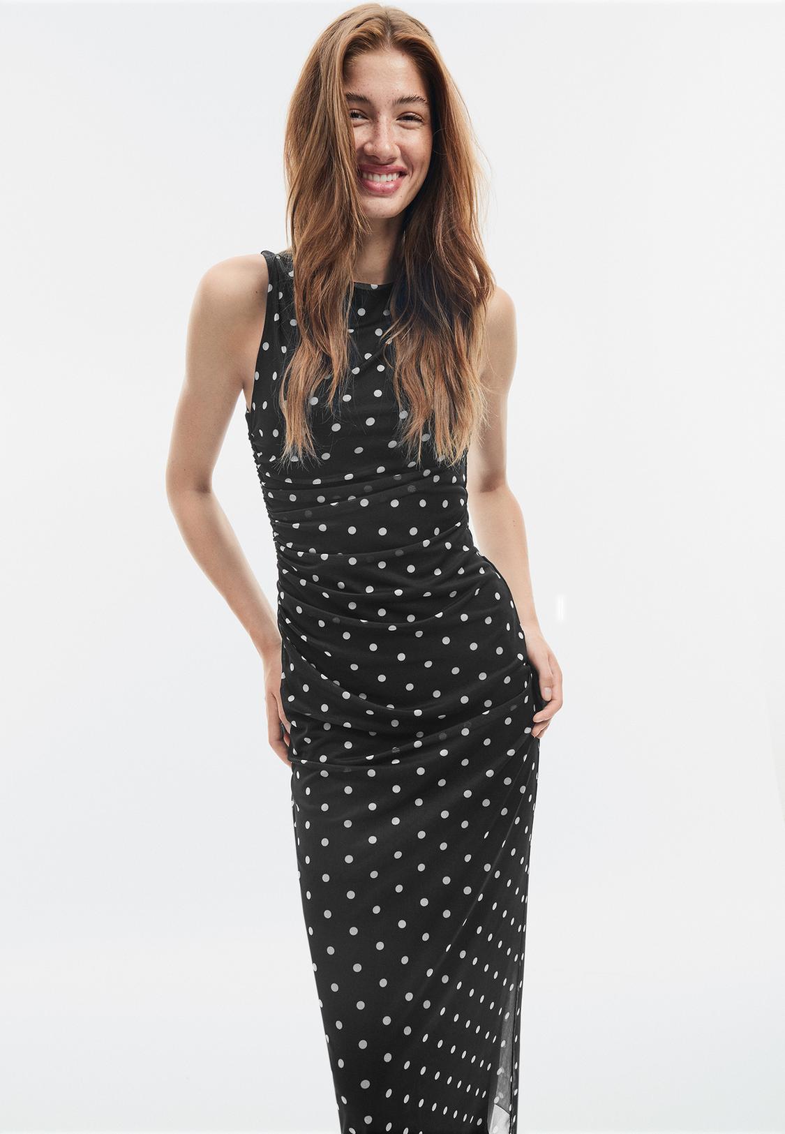 Stradivarius Polka Dot Print Midi Dress Black Xl