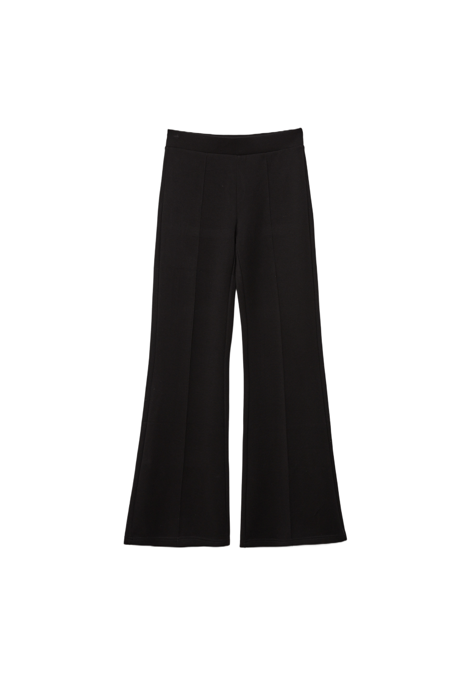 Soft-touch bell bottom trousers with front seam detail — Black