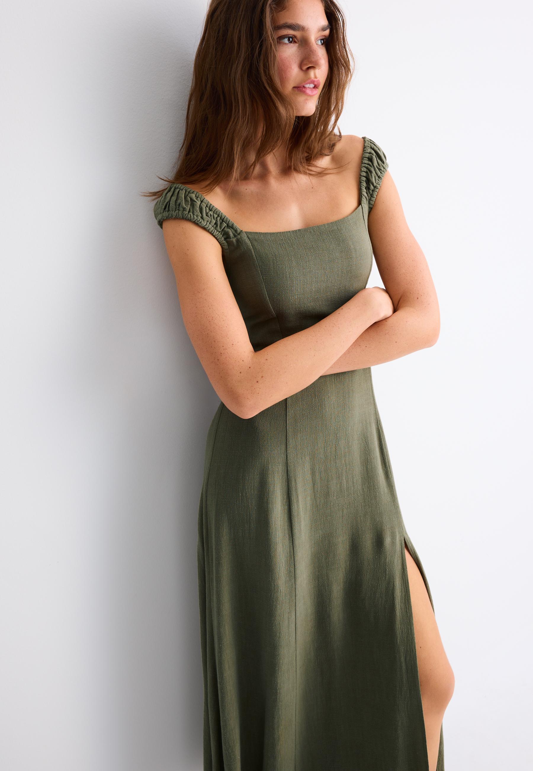 Linen-look cross-back midi dress — Khaki