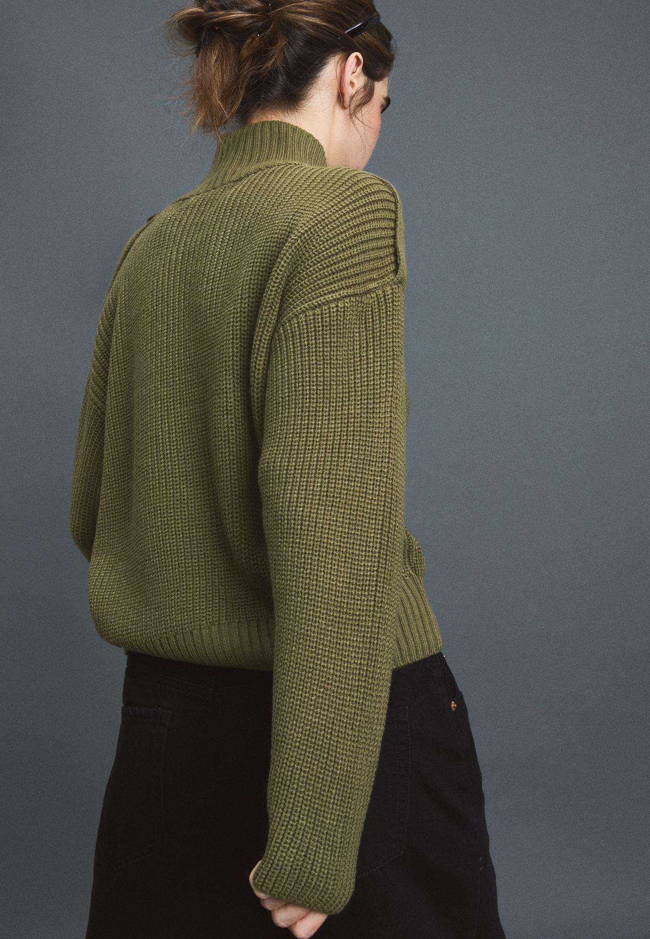 High neck button-up knit cardigan — Khaki