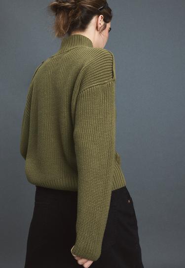 High neck button-up knit cardigan — Khaki 5