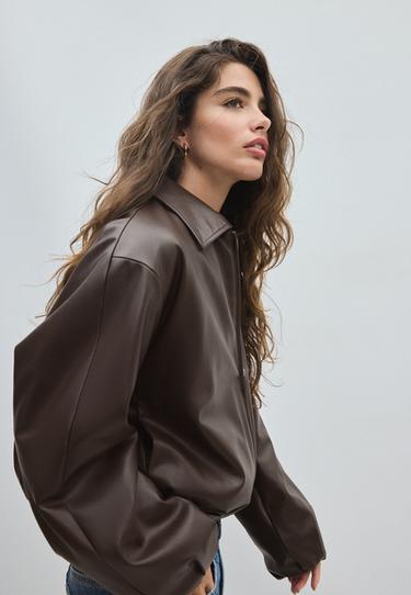 Leather effect quilted bomber jacket — Brown 6
