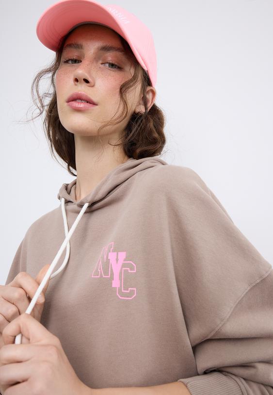 Stradivarius Hoodie With Washed Effect Print Beige M