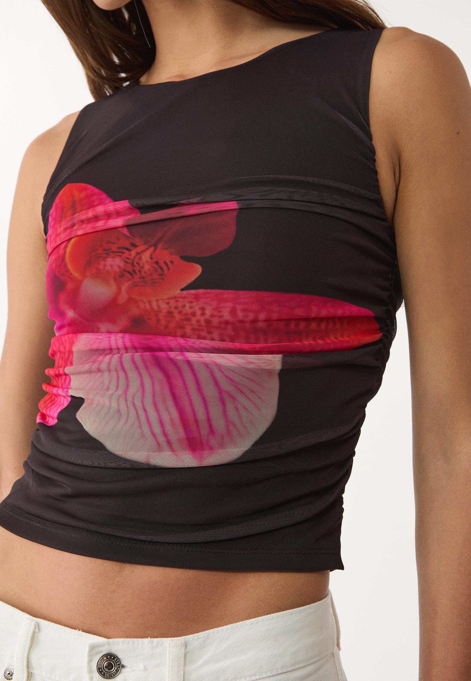 Tulle top with hibiscus details - Women's fashion