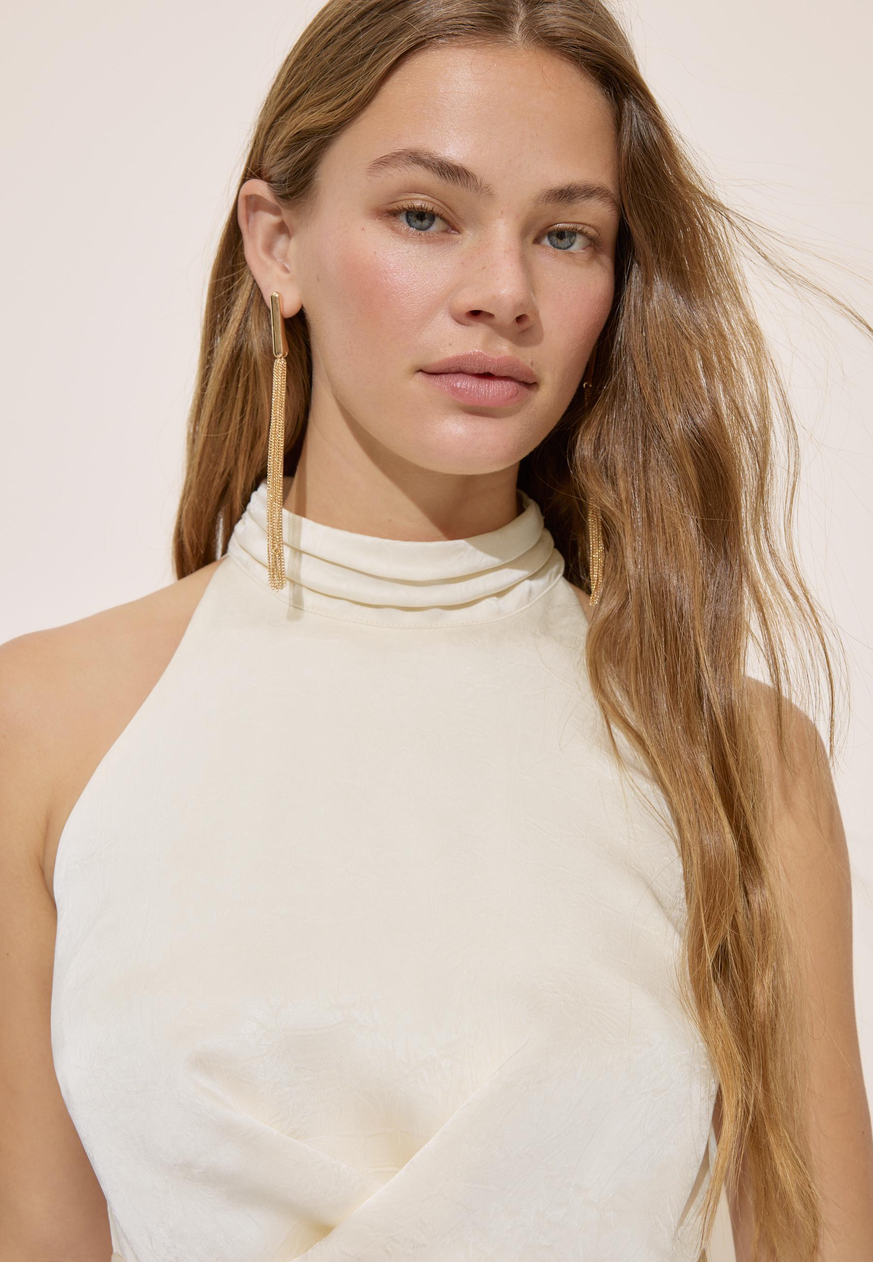 Satin halter neck top with ruching — Vanilla