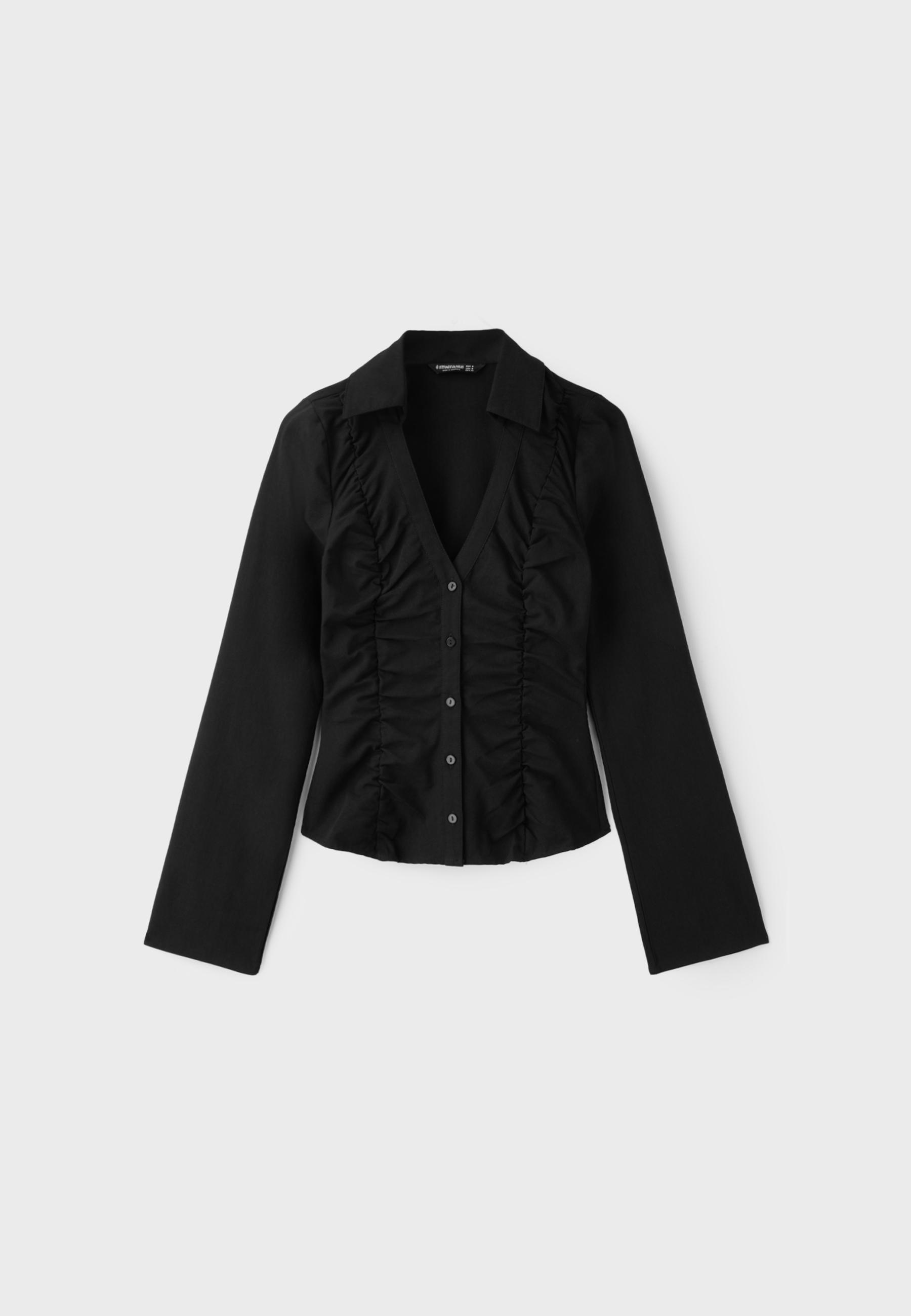 V-neck gathered shirt — Black