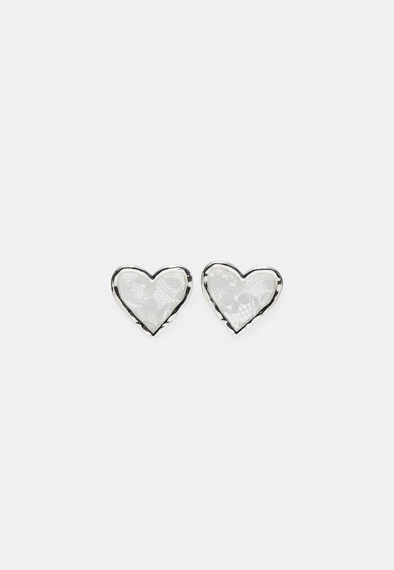 Stradivarius Lace Heart Stud Earrings Grey Os