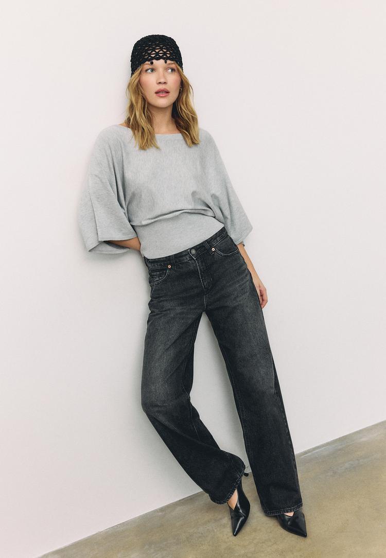 Stradivarius Πλεκτό Πουλόβερ Με Φαρδιά Μανίκια Γκρι Μελανζέ S