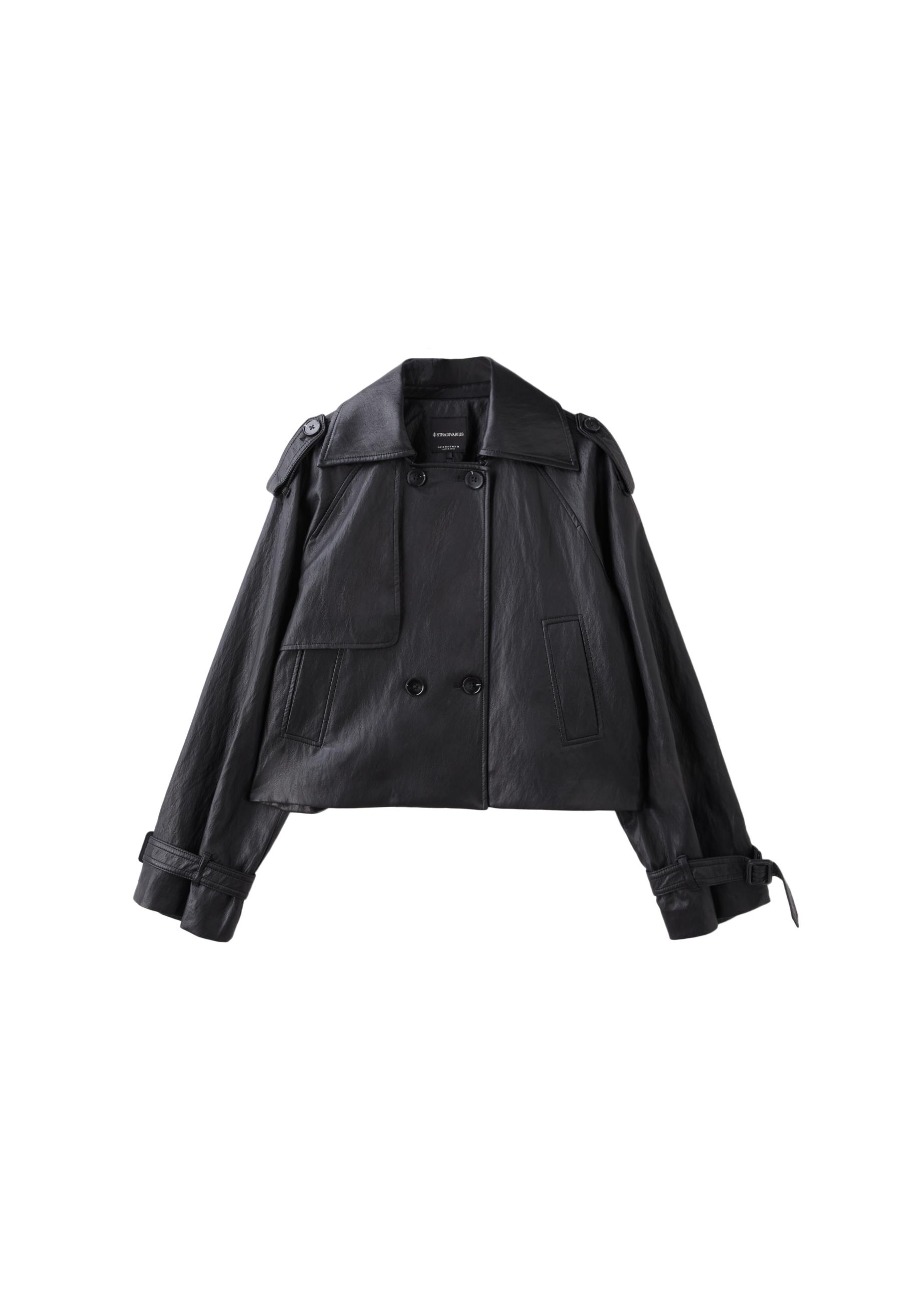 Leather-effect cropped trench coat — Black