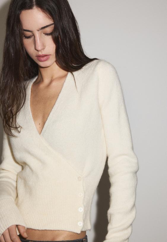 Stradivarius Button-Up Wrap Knit Cardigan Ecru M