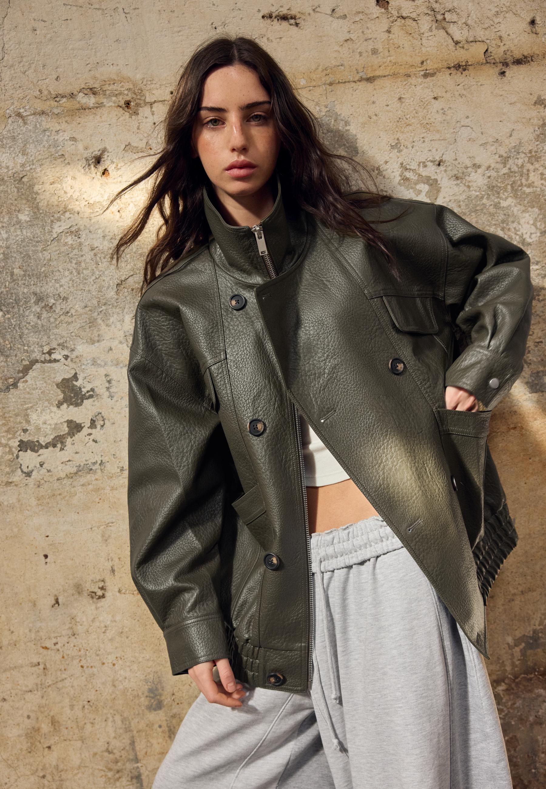 Oversized leather effect button-up jacket — Khaki