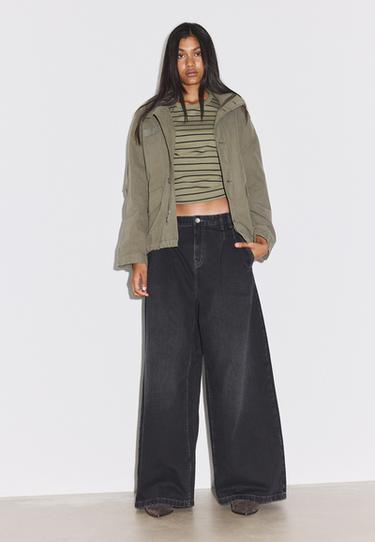 Wide-leg pleated jeans — BLACK DENIM WASHED EFFECT  2