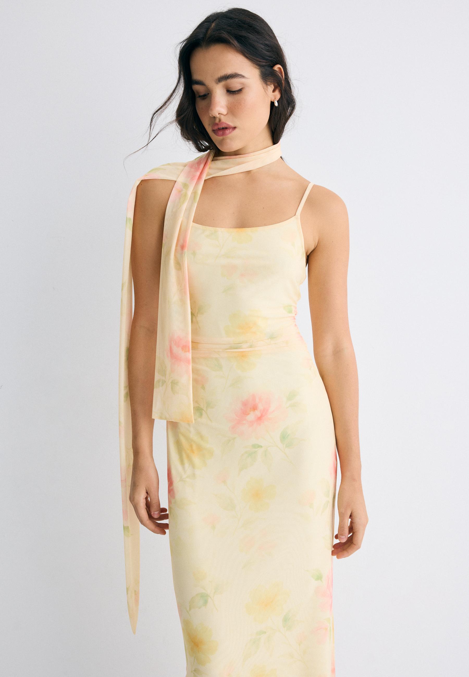 Printed tulle midi dress with scarf — Gold