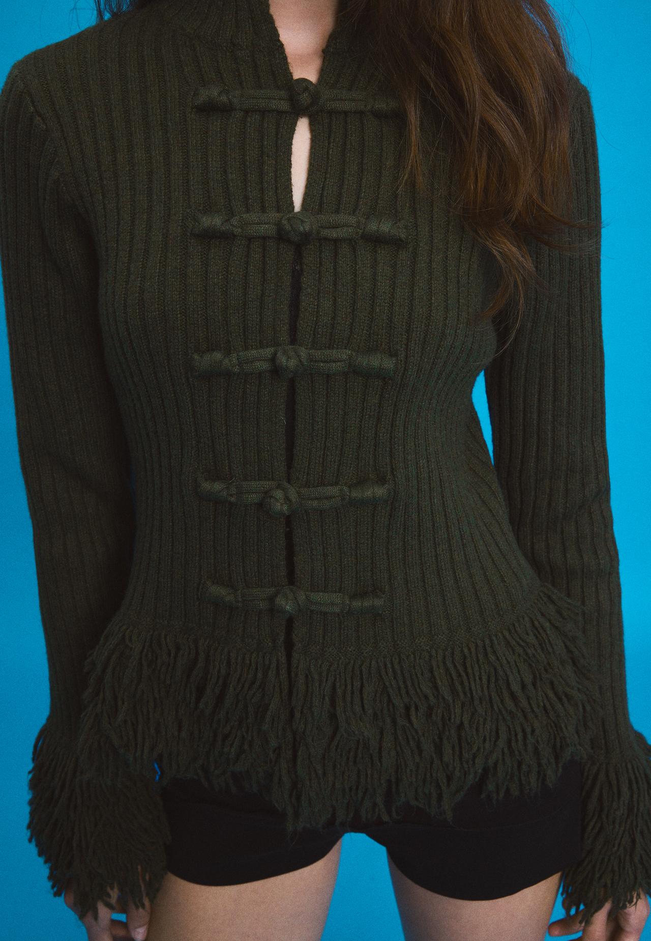 Fringed knit cardigan — Khaki