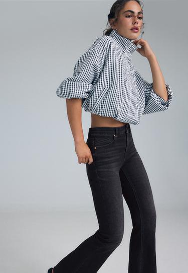 D74 bell bottom jeans with split — BLACK DENIM RINSE WASH 1