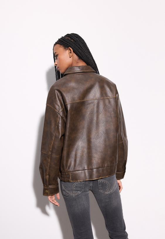 Stradivarius Leather Effect Jacket With Pockets Brown Xl