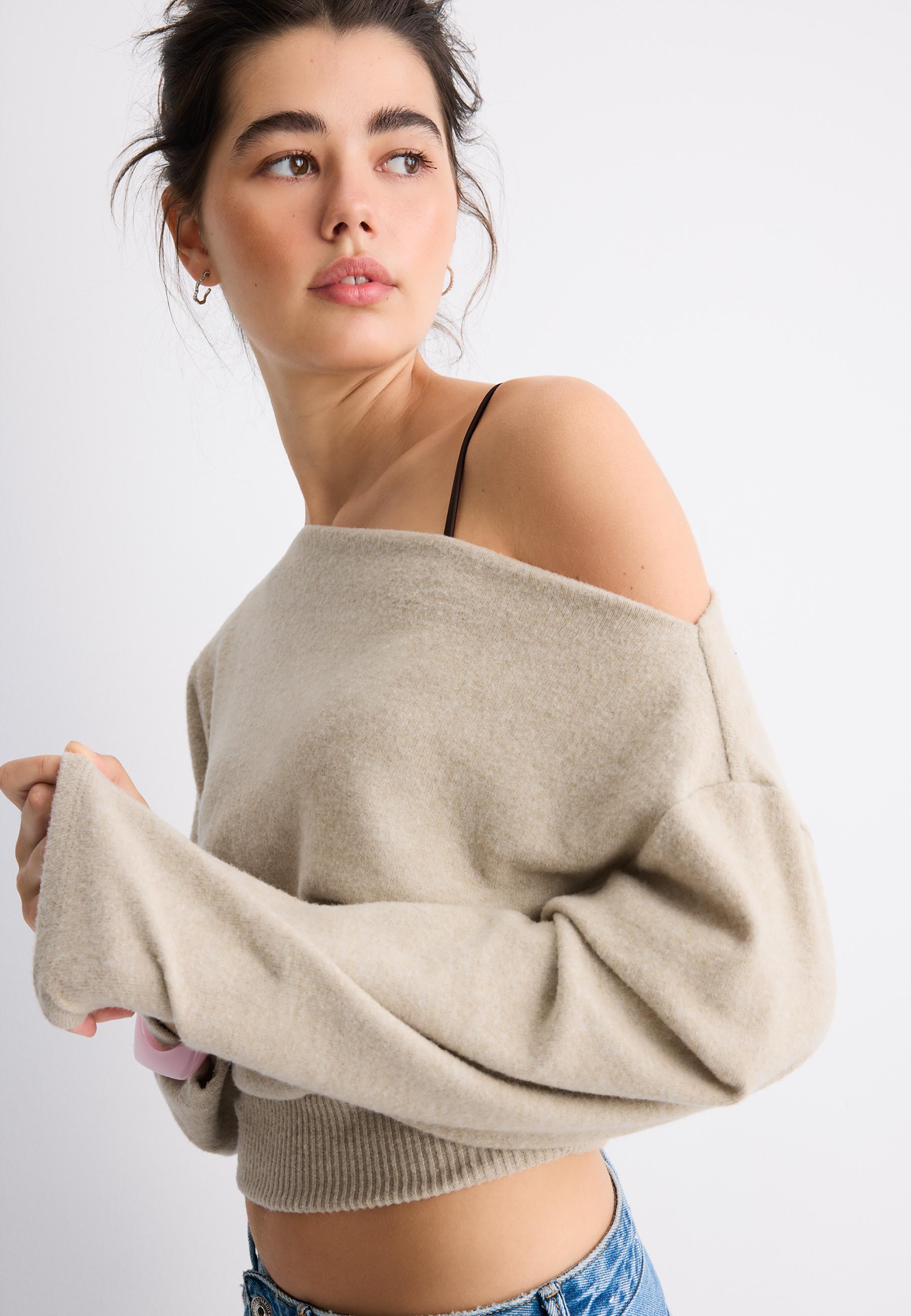 Boat neck knit T-shirt with sash belt — Stone