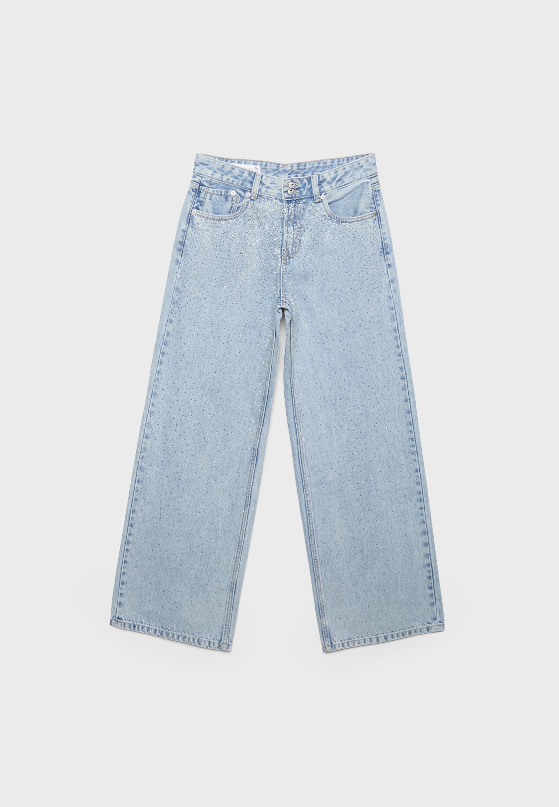 Low-waist wide-leg jeans with rhinestones — MEDIUM LIGHT BLUE DENIM
