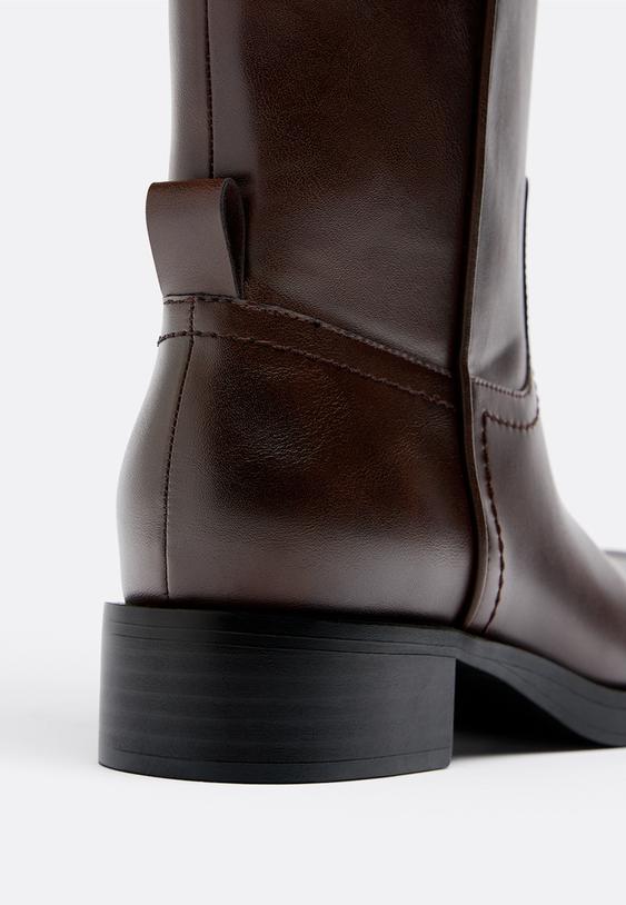 Stradivarius Flat Leather Effect Boots Brown 4