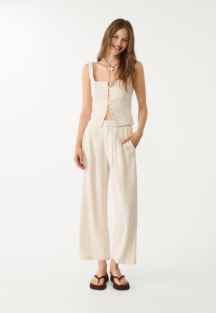 strappy linen blend top with buttons